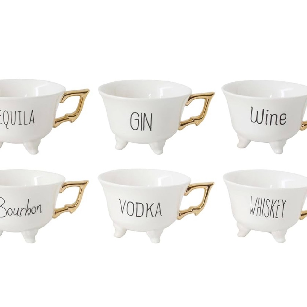 6 Creative Co-Op Stoneware Footed Teacup with Saying and Gold Electroplating
